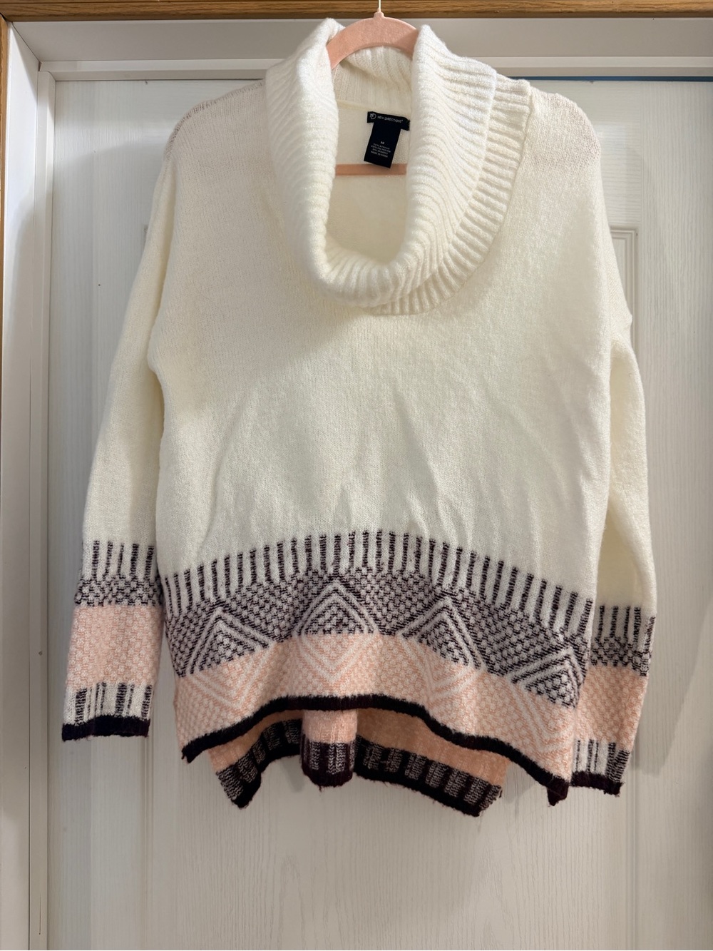 new directions Cream Cowl Neck Sweater with Pink and Black Geo Border